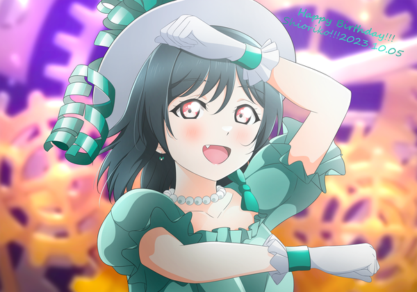 Anime picture 6299x4409 with love live! nijigasaki high school idol club sunrise (studio) love live! mifune shioriko awennn11 single looking at viewer blush fringe highres short hair open mouth black hair smile hair between eyes red eyes absurdres upper body :d arm up