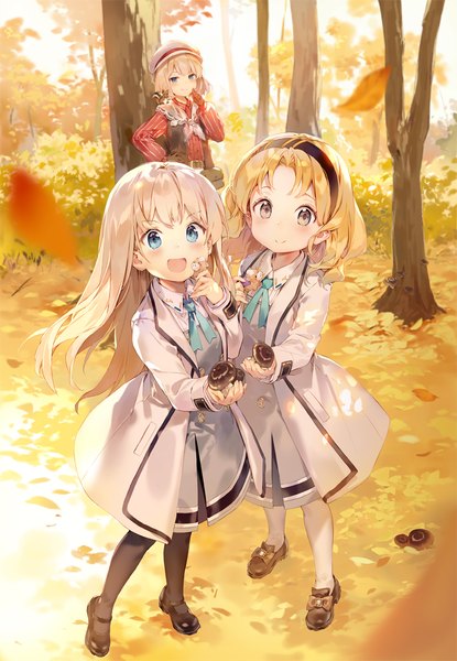 Anime picture 800x1157 with tearmoon teikoku monogatari mia luna tearmoon miabel luna tearmoon citrina etoile yellowmoon gilse long hair tall image looking at viewer short hair open mouth blue eyes blonde hair smile standing multiple girls holding outdoors :d from above official art