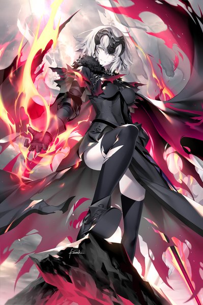 Anime picture 732x1100 with fate (series) fate/grand order jeanne d'arc (fate) (all) jeanne d'arc alter (fate) kousaki rui single tall image looking at viewer fringe short hair breasts smile hair between eyes standing signed yellow eyes silver hair cloud (clouds) full body ahoge