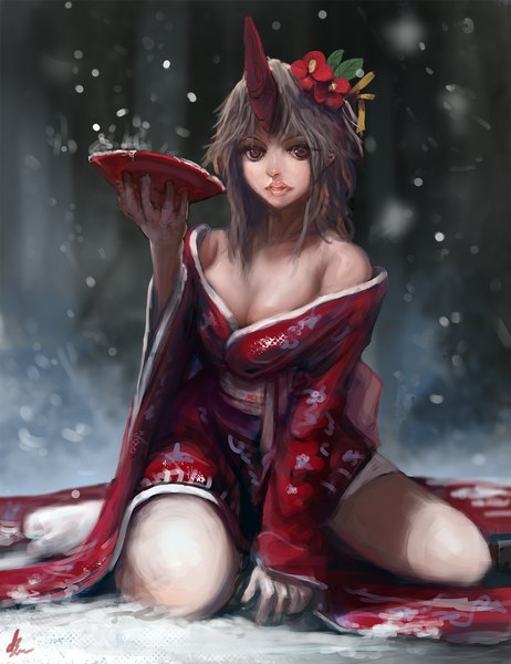 Anime picture 1020x1323 with touhou hoshiguma yuugi ichiro matsura single long hair tall image looking at viewer light erotic sitting bare shoulders brown eyes bent knee (knees) traditional clothes japanese clothes hair flower horn (horns) lips grey hair bare legs snowing