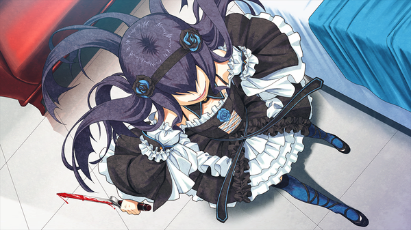 Anime picture 1280x720 with disorder 6 long hair smile wide image game cg purple hair lolita fashion girl dress detached sleeves frills hairband blood knife