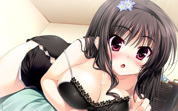 Anime picture 1054x659 with scramble lovers kiryuu sarasa tagme (artist) single long hair looking at viewer blush breasts open mouth light erotic black hair large breasts bare shoulders game cg cleavage purple hair hair flower embarrassed on stomach girl