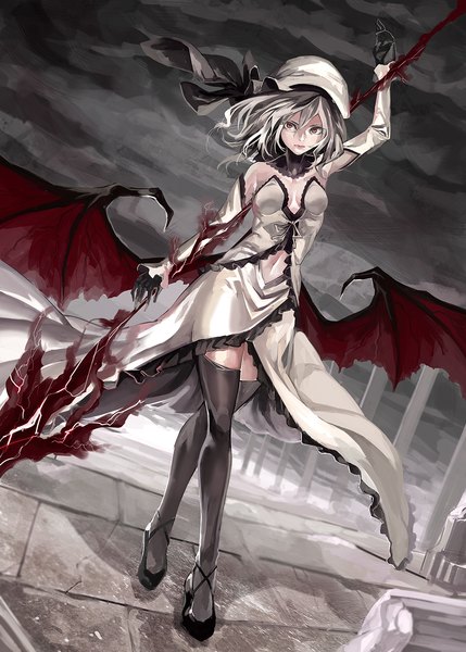 Anime picture 1000x1399 with touhou remilia scarlet azuki (azuki-taste) single tall image short hair red eyes holding looking away sky arm up wind grey hair bare belly alternate costume demon wings girl thighhighs dress gloves