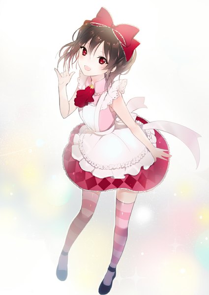 Anime picture 753x1062 with love live! school idol project sunrise (studio) love live! yazawa nico lpip single long hair tall image open mouth smile red eyes brown hair full body ponytail happy mmm girl thighhighs ribbon (ribbons) bow
