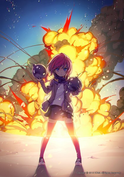 Anime picture 740x1057 with original yohan12 single tall image looking at viewer short hair purple eyes holding pink hair sky wind zettai ryouiki 2015 explosion girl thighhighs skirt black skirt sparks explosives