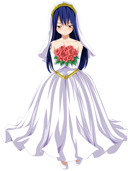 Anime picture 1900x2534 with fairy tail wendy marvell tremblax single long hair tall image blush highres bare shoulders yellow eyes blue hair tattoo coloring transparent background wedding girl dress flower (flowers) detached sleeves rose (roses)