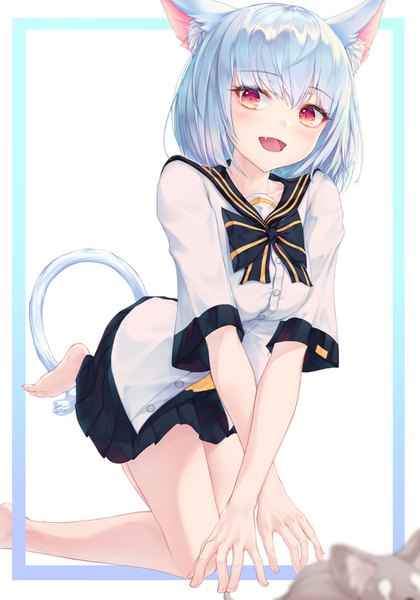Anime picture 1120x1600 with original h2o (dfo) single tall image looking at viewer blush fringe short hair open mouth simple background smile hair between eyes red eyes white background animal ears tail :d animal tail pleated skirt cat ears
