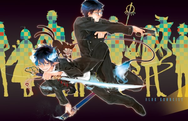 Anime picture 1224x792 with ao no exorcist a-1 pictures okumura rin okumura yukio kuro (ao no exorcist) yooani short hair blue eyes smile green eyes blue hair tail profile pointy ears multiple boys wallpaper glowing silhouette boy uniform