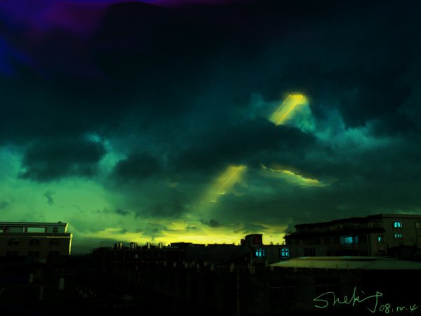 Anime picture 1229x922 with original sparkle (artisr) signed sky cloud (clouds) sunlight night city cityscape no people building (buildings)