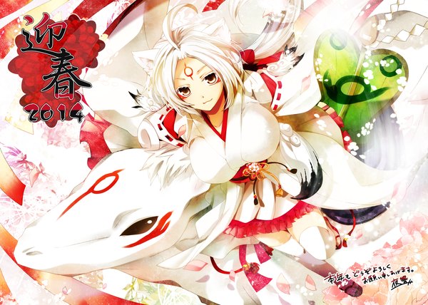 Anime picture 1554x1111 with okami amaterasu (okami) akatsuki yakyou single looking at viewer short hair breasts large breasts brown eyes animal ears ahoge white hair tail animal tail facial mark new year girl thighhighs flower (flowers) animal