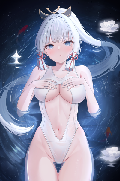 Anime picture 4000x6000 with genshin impact kamisato ayaka hiyayo25 single long hair tall image looking at viewer blush fringe highres breasts open mouth blue eyes light erotic large breasts payot absurdres silver hair ponytail lying