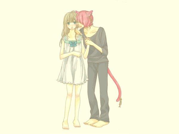 Anime picture 1024x768 with alice in wonderland alice (wonderland) cheshire cat long hair short hair blue eyes simple background blonde hair animal ears pink hair barefoot cat ears cat tail couple girl boy sundress