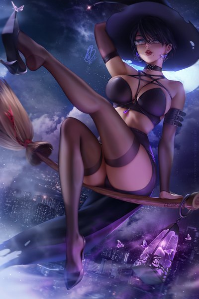 Anime picture 2600x3900 with bayonetta bayonetta (character) olchas single tall image looking at viewer fringe highres short hair breasts blue eyes light erotic black hair hair between eyes large breasts signed cloud (clouds) full body bent knee (knees) outdoors