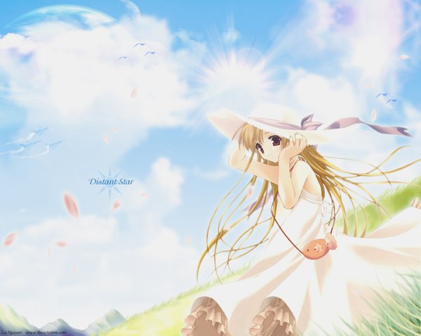 Anime picture 1280x1024 with happy breeding yukino (happy breeding) single long hair blonde hair smile red eyes sky cloud (clouds) wind wallpaper girl dress ribbon (ribbons) plant (plants) hat petals grass sundress