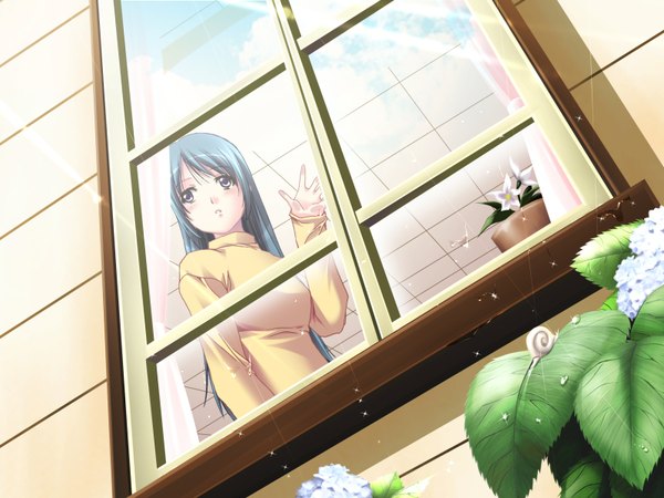Anime picture 1600x1200 with long hair blue hair rain girl plant (plants) window