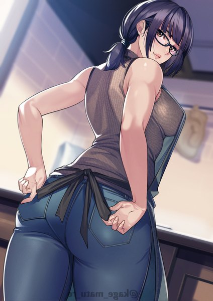 Anime picture 2894x4093 with original kagematsuri single tall image fringe highres short hair breasts light erotic black hair large breasts standing bare shoulders brown eyes signed ass indoors blunt bangs looking back from behind