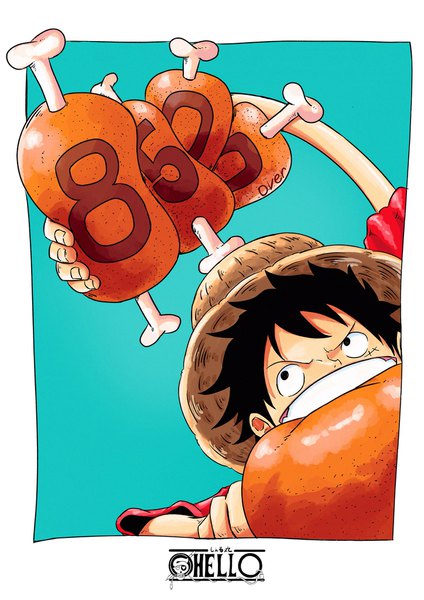 Anime picture 1448x2048 with one piece toei animation monkey d. luffy sherumaru (korcht06) single tall image fringe short hair black hair simple background holding looking away arm up black eyes teeth text mouth hold border looking up scar