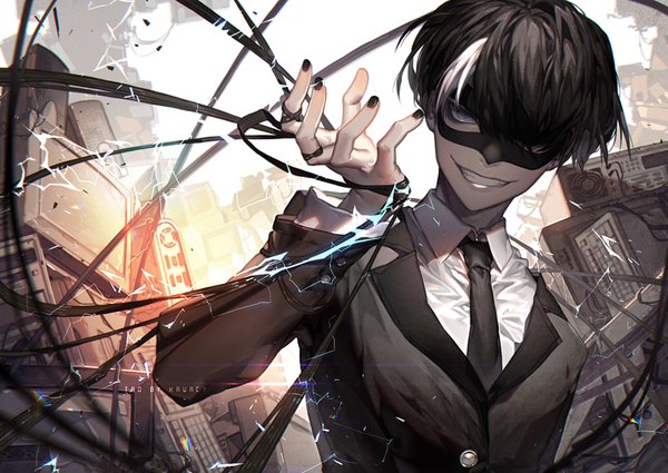 Anime picture 1024x726 with noblesse tao tao (noblesse) kawacy single looking at viewer fringe black hair smile outdoors nail polish head tilt multicolored hair fingernails lips hair over one eye two-tone hair grey eyes streaked hair bondage