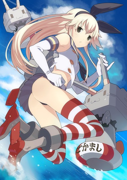 イラスト 723x1023 と 艦隊これくしょん 島風(艦これ) 連装砲ちゃん hajime (hajime-ill-1st) ソロ 長髪 長身像 カメラ目線 前髪 light erotic 金髪 肩出し 空 cloud (clouds) 尻 black eyes bare belly from below :< 女の子