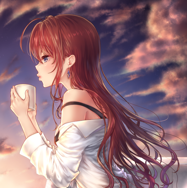 Anime picture 791x800 with idolmaster idolmaster cinderella girls ichinose shiki po ni single long hair tall image blush fringe blue eyes hair between eyes brown hair holding looking away sky cloud (clouds) upper body ahoge profile lips