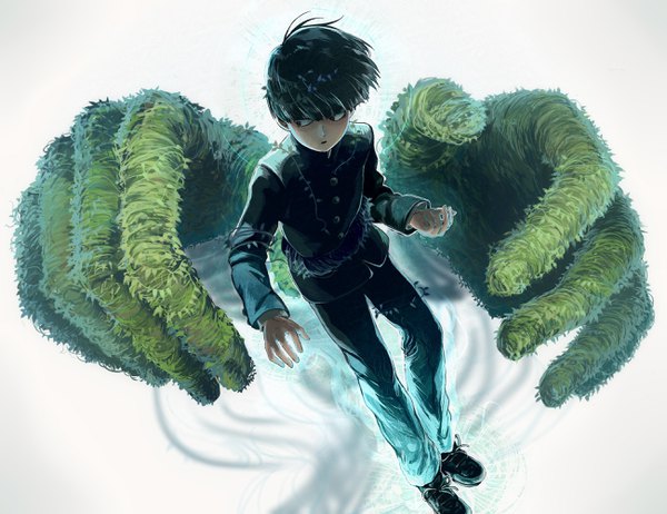 Anime picture 2597x2000 with mob psycho 100 studio bones kageyama shigeo risa (pixiv2454464) single highres short hair black hair simple background red eyes standing white background looking away bent knee (knees) parted lips from above lacing boy uniform plant (plants)