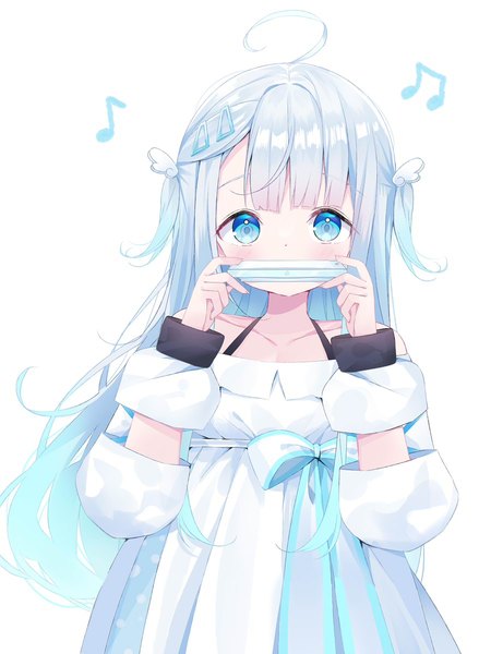 Anime picture 900x1200 with virtual youtuber indie virtual youtuber amatsuka uto deyui single long hair tall image looking at viewer blue eyes simple background white background silver hair upper body ahoge two side up covered mouth girl dress white dress hairclip