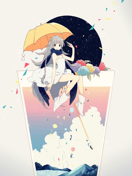 Anime picture 3124x4146 with original kurokeisin single long hair tall image looking at viewer highres open mouth blue eyes simple background smile absurdres sky silver hair cloud (clouds) rain space hill girl dress