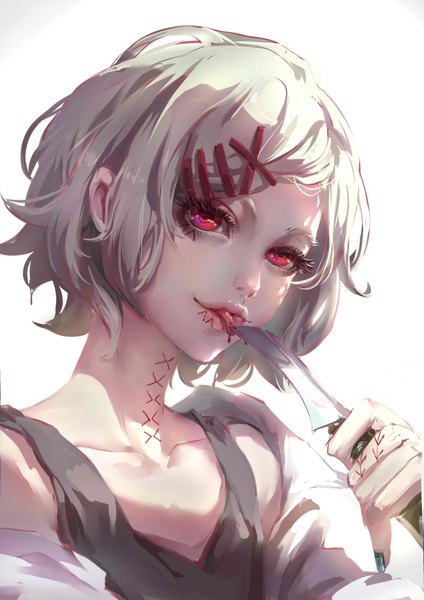 Anime picture 2480x3507 with tokyo ghoul studio pierrot suzuya juuzou yuiko (yuiko33miao) single tall image looking at viewer blush highres short hair simple background smile red eyes white background holding silver hair nail polish head tilt pink eyes fingernails