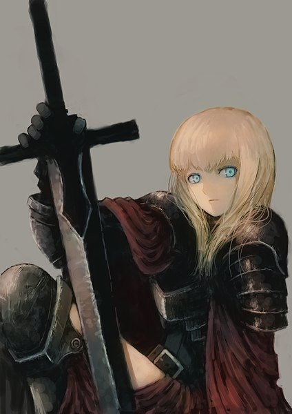 Anime picture 800x1132 with original blackball (artist) single long hair tall image fringe blue eyes simple background blonde hair sitting looking away grey background girl weapon sword armor cloak spaulder (spaulders)