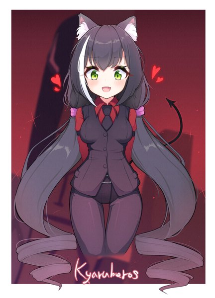 Anime picture 2714x3770 with princess connect! re:dive princess connect! helltaker karyl (princess connect!) cerberus (helltaker) zangi (lkt2012) single tall image looking at viewer blush fringe highres breasts open mouth black hair simple background smile twintails green eyes animal ears
