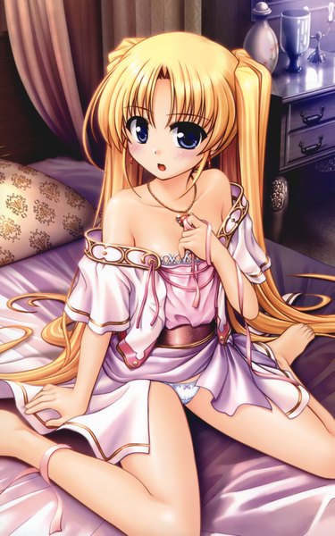 Anime picture 2927x4681 with aiyoku no eustia licia de novus yurii bekkankou single tall image blush highres open mouth blue eyes light erotic blonde hair sitting twintails absurdres very long hair off shoulder legs wariza girl underwear