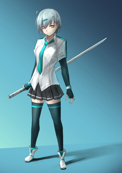 Anime picture 1278x1805 with original kaze minoru so-ru single tall image looking at viewer fringe short hair simple background smile hair between eyes standing holding yellow eyes silver hair full body ahoge pleated skirt shadow short sleeves zettai ryouiki