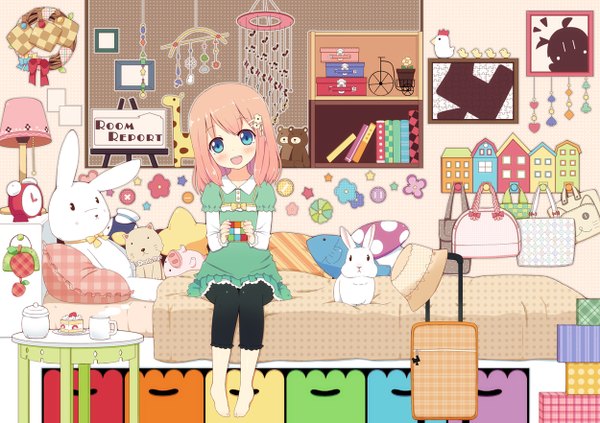 Anime picture 1250x882 with original tukinan (pixiv) blush blue eyes pink hair barefoot happy detailed girl food pillow bed bag toy stuffed animal clock cup child (children) lamp bunny