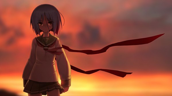 Anime picture 1024x576 with full metal daemon muramasa nitroplus single short hair wide image yellow eyes game cg silver hair wind evening sunset girl miniskirt