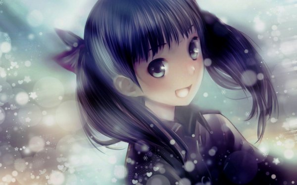 Anime picture 1920x1200 with sora no woto a-1 pictures suminoya kureha kishida mel katkooota single long hair looking at viewer highres open mouth black hair smile wide image twintails grey eyes light snowing winter snow girl