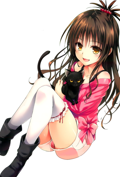 Anime picture 1203x1767 with toloveru toloveru darkness xebec yuuki mikan yabuki kentarou long hair tall image blush open mouth simple background brown hair white background bare shoulders brown eyes official art girl thighhighs white thighhighs shorts cat