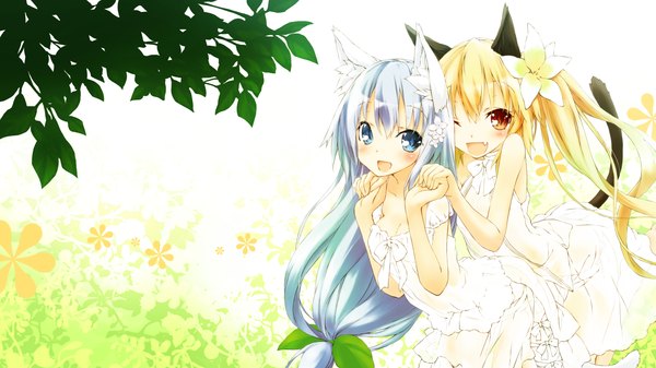 Anime picture 1920x1080 with original saeki touma long hair looking at viewer blush highres open mouth blue eyes blonde hair red eyes wide image bare shoulders multiple girls animal ears silver hair animal tail hair flower teeth fang (fangs) girl