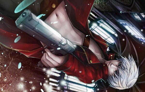 Anime picture 1024x651 with devil may cry dante (devil may cry) unodu single short hair blue eyes white hair open clothes boy navel weapon gun coat