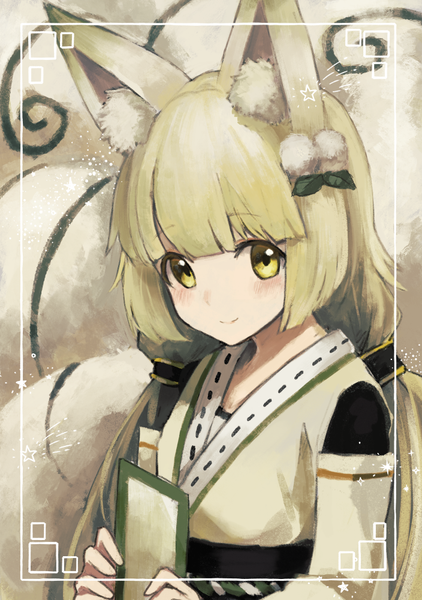 Anime picture 704x1000 with merc storia nanao mugi single long hair tall image looking at viewer blush fringe blonde hair smile twintails holding animal ears yellow eyes payot upper body blunt bangs traditional clothes head tilt japanese clothes