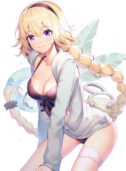 Anime picture 885x1200 with fate (series) fate/grand order jeanne d'arc (fate) (all) jeanne d'arc (swimsuit archer) ririko (zhuoyandesailaer) single tall image looking at viewer blush fringe breasts blue eyes light erotic blonde hair simple background hair between eyes large breasts standing white background cleavage