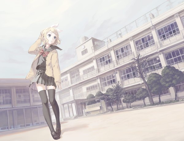 Anime picture 2225x1711 with vocaloid kagamine rin susie single highres short hair open mouth blue eyes blonde hair standing looking away sky cloud (clouds) pleated skirt wind open clothes open jacket hand on head girl thighhighs