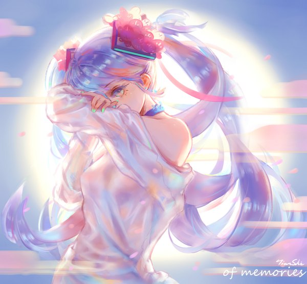 Anime picture 1232x1140 with vocaloid hatsune miku atianshi single long hair looking at viewer purple eyes twintails bare shoulders purple hair upper body nail polish inscription covering covering face girl hair ornament sun