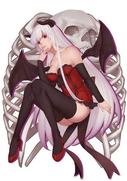 Anime picture 800x1143 with bemani whitem (whiteemperor2020) single long hair tall image looking at viewer light erotic red eyes white background bare shoulders white hair horn (horns) skeleton girl thighhighs black thighhighs detached sleeves wings