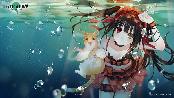 Anime picture 1920x1080 with date a live tokisaki kurumi tsunako single long hair looking at viewer blush fringe highres black hair red eyes wide image twintails bare shoulders holding yellow eyes head tilt arm up sunlight bare belly