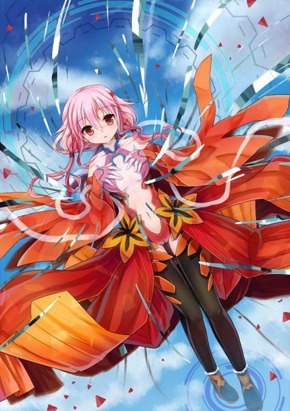 Anime picture 1024x1448 with guilty crown production i.g yuzuriha inori silveroid single long hair tall image red eyes bare shoulders pink hair glowing center opening girl thighhighs gloves navel hair ornament black thighhighs detached sleeves elbow gloves