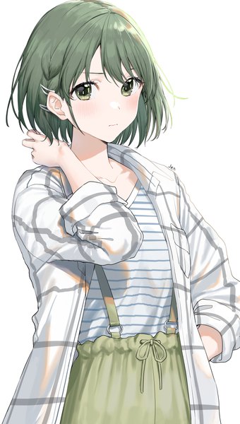Anime picture 4253x7496 with idolmaster idolmaster shiny colors nanakusa nichika arjent single tall image blush highres short hair simple background white background green eyes absurdres green hair hand on hip arm around neck girl hairclip