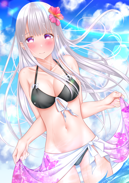 Anime picture 1407x2000 with original naginagiwaffle single long hair tall image looking at viewer blush fringe breasts light erotic smile holding payot sky silver hair cloud (clouds) outdoors blunt bangs head tilt pink eyes