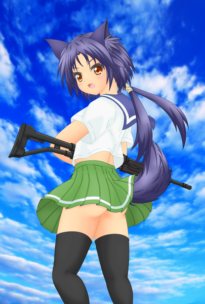 Anime picture 1014x1500 with upotte!! galil ar (upotte!!) single tall image short hair open mouth red eyes animal ears blue hair cloud (clouds) animal tail girl thighhighs skirt weapon black thighhighs miniskirt serafuku gun