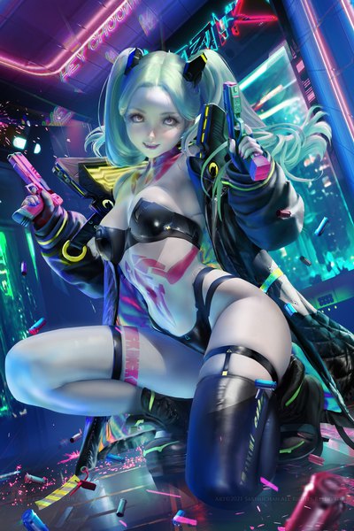 Anime picture 2333x3500 with cyberpunk edgerunners studio trigger rebecca (cyberpunk) sakimichan single long hair tall image looking at viewer highres breasts light erotic smile holding green eyes full body bent knee (knees) nail polish fingernails green hair realistic