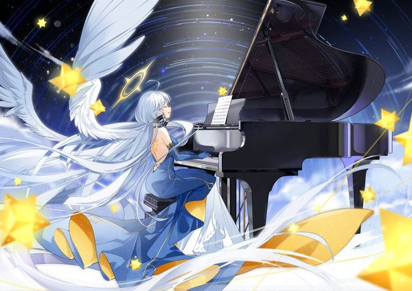 Anime picture 1260x890 with vocaloid xingchen vilor single fringe open mouth sitting blue hair cloud (clouds) ahoge eyes closed very long hair tattoo floating hair back bare back angel wings singing girl dress